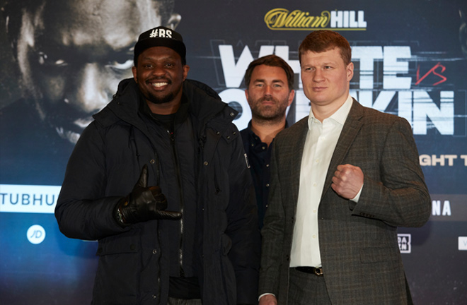 Povetkin and Dillian Whyte with Eddie Hearn at the original press conference for the bout. Photo Credit: TalkSport