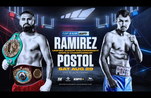 Jose Ramirez will defend his unified Light-Welterweight titles against Viktor Postol on August 29 in Las Vegas Photo Credit: Top Rank