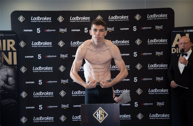 Stevie McKenna weighed in ahead of his first professional bout in England. Photo Credit: Hennessy Sports