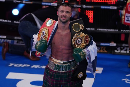 Josh Taylor eased past Apinun Khongsong in a round to retain his IBF and WBA Super-Lightweight world titles at York Hall Photo Credit: Queensberry Promotions