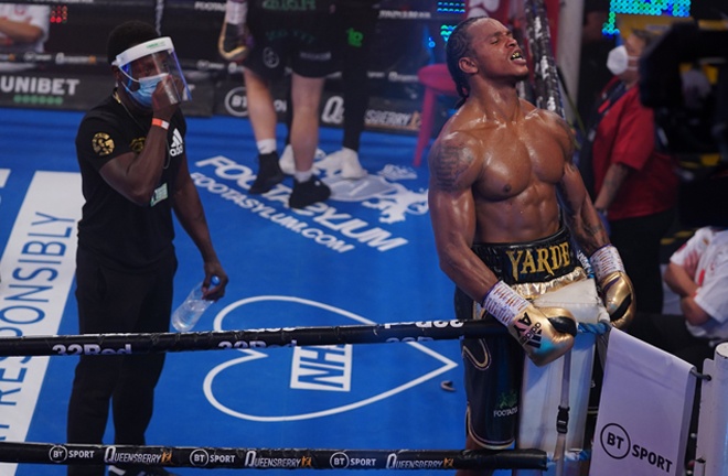 Anthony Yarde celebrates after stopping Dec Spelman at York Hall on Saturday Photo Credit: Round 'N' Bout Media / Queensberry Promotions