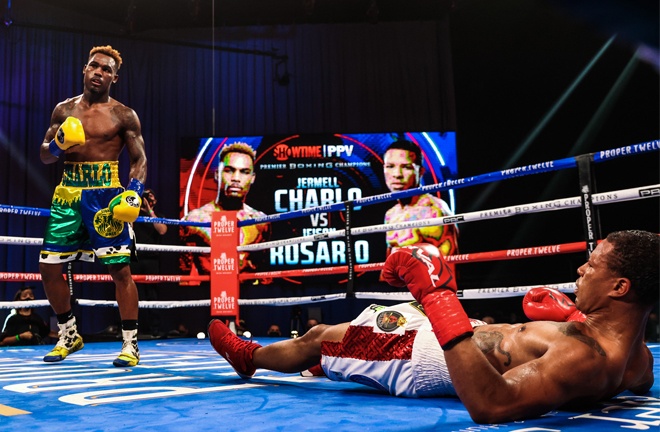 Jermell Charlo was in imperious form to knock down and stop Jeison Rosairo becoming unified champion Photo Credit: Amanda Westcott / Showtime