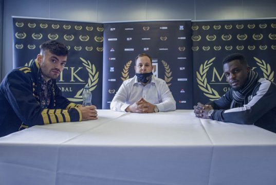 Tyrone McKenna clashes with arch-rival Ohara Davies in the Golden Contract final on Wednesday Photo Credit: Scott Rawsthorne / MTK Global