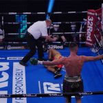 Khongsong was left in a heap on the canvas after taking a Taylor left hook flush Photo Credit: Queensberry Promotions