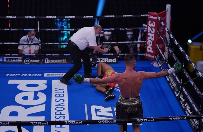 Khongsong was left in a heap on the canvas after taking a Taylor left hook flush Photo Credit: Queensberry Promotions