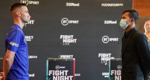 Josh Taylor came face-to-face with Apinun Khongsong at a press conference on Thursday ahead of their showdown Photo Credit: Queensberry Promotions