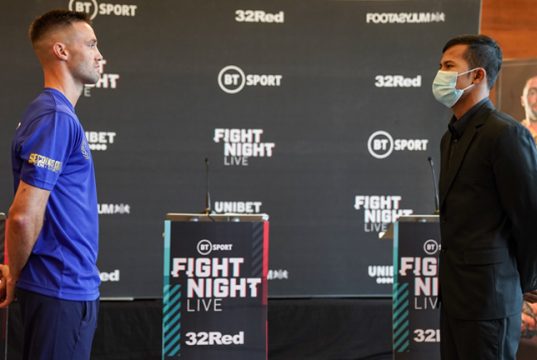 Josh Taylor came face-to-face with Apinun Khongsong at a press conference on Thursday ahead of their showdown Photo Credit: Queensberry Promotions