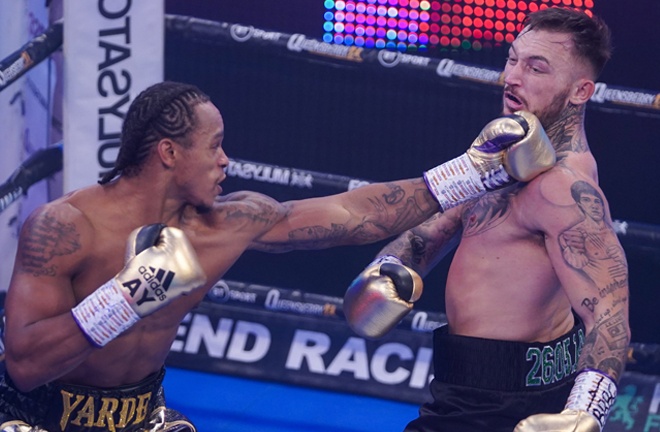 Yarde landed a barrage of punches in the sixth round to drop and stop Spelman Photo Credit: Round 'N' Bout Media / Queensberry Promotions