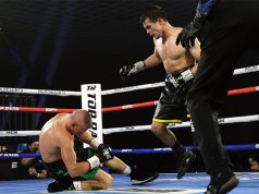 Jose Zepeda knocked out Ivan Baranchyk after an epic, eight knockdown battle in Vegas Photo Credit: Mikey Williams / Top Rank