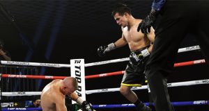 Jose Zepeda knocked out Ivan Baranchyk after an epic, eight knockdown battle in Vegas Photo Credit: Mikey Williams / Top Rank