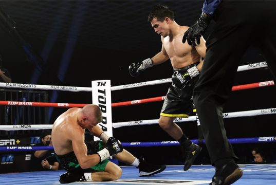 Jose Zepeda knocked out Ivan Baranchyk after an epic, eight knockdown battle in Vegas Photo Credit: Mikey Williams / Top Rank