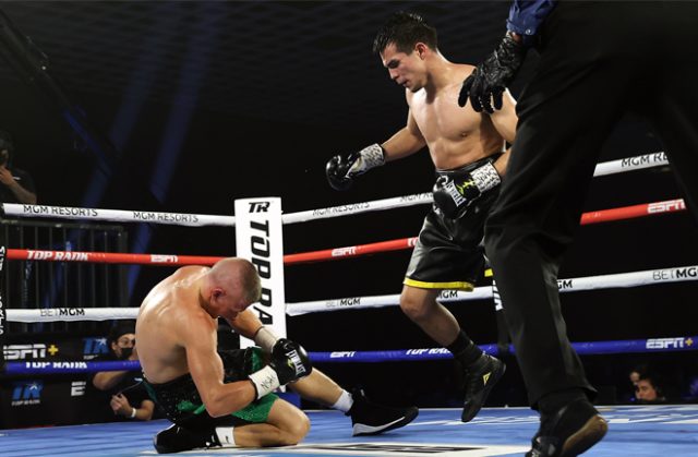 Jose Zepeda knocked out Ivan Baranchyk after an epic, eight knockdown battle in Vegas Photo Credit: Mikey Williams / Top Rank