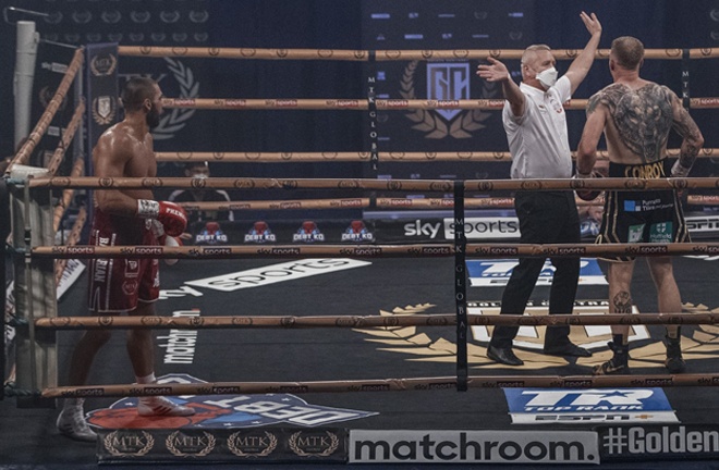 Serge Michel was too strong for Liam Conroy and advanced into the Light Heavyweight Golden Contract final Photo Credit: Scott Rawsthorne / MTK Global