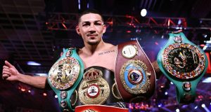 Teofimo Lopez celebrates his historic win over Vasiliy Lomachenko Photo Credit: Mikey Williams / Top Rank