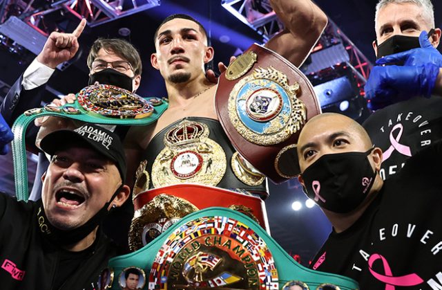 Teofimo Lopez was crowned undisputed Lightweight world champion with a unanimous decision win over Vasiliy Lomachenko on Saturday in Las Vegas Photo Credit: Mikey Williams/Top Rank