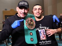Lopez celebrates with father Teofimo Lopez Sr post-fight Photo Credit: Mikey Williams/Top Rank