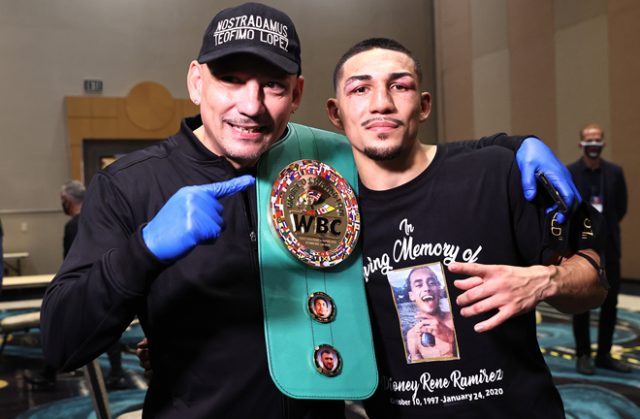 Lopez celebrates with father Teofimo Lopez Sr post-fight Photo Credit: Mikey Williams/Top Rank