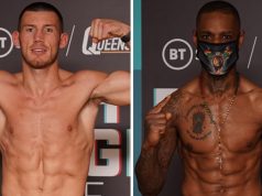 Liam Williams and Andrew Robinson hit the scales ahead of their British Middleweight title clash on Saturday in London Photo Credit: Round N Bout Media / Queensberry Promotions