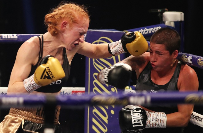 Rachel Ball overcame late replacement Jorgelina Guanini to claim the vacant interim WBC Super Bantamweight title Photo Credit: Mark Robinson/Matchroom Boxing
