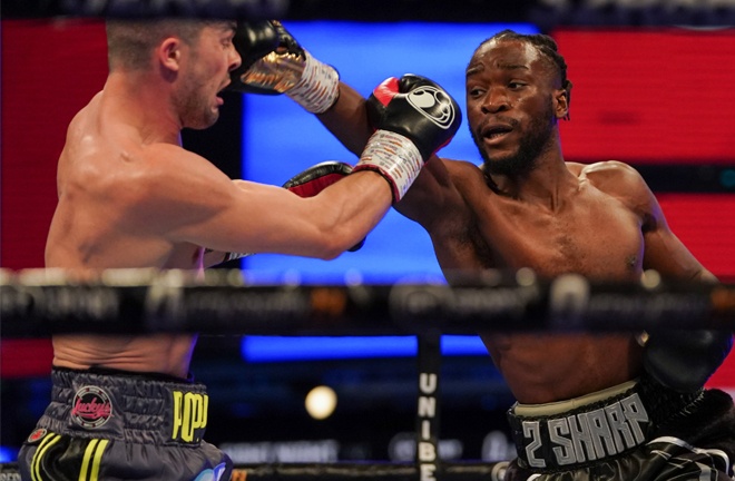 Bentley opened up a gruesome looking eye injury as a result of sharp combinations Photo Credit: Round 'N' Bout Media/Queensberry Promotions