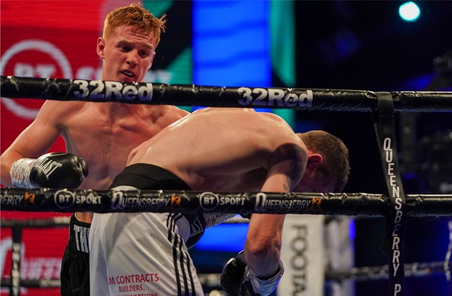 Michael Burke Jr registered his first stoppage victory over Tommy Broadbent Photo Credit: Round 'N' Bout Media/Queensberry Promotions