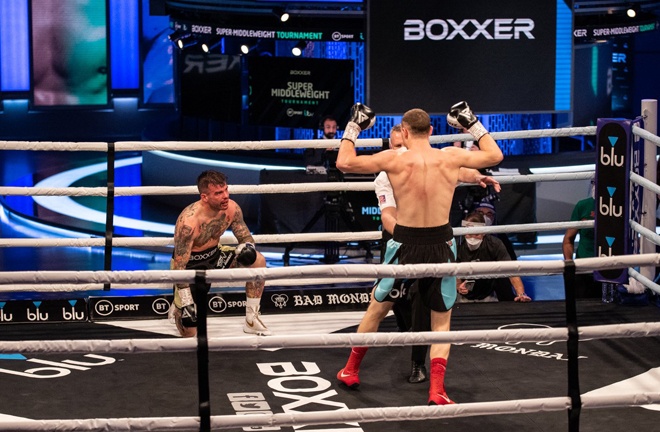 Chelli knocked down the brave McGoldrick down three times Photo Credit: Boxxer