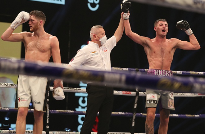 Cullen celebrates after climbing off the canvas to beat Docherty on points Photo Credit: Mark Robinson/Matchroom Boxing