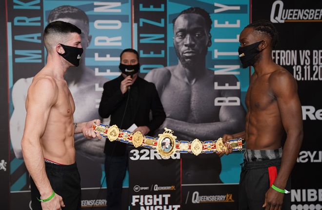 Mark Heffron and Denzel Bentley squared off ahead of their British Middleweight title clash on Friday Photo Credit: Queensberry Promotions