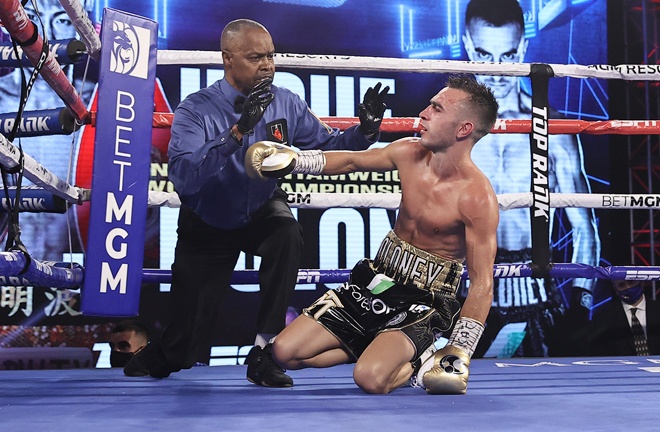 Moloney was knocked down twice before being stopped Photo Credit: Mikey Williams/Top Rank