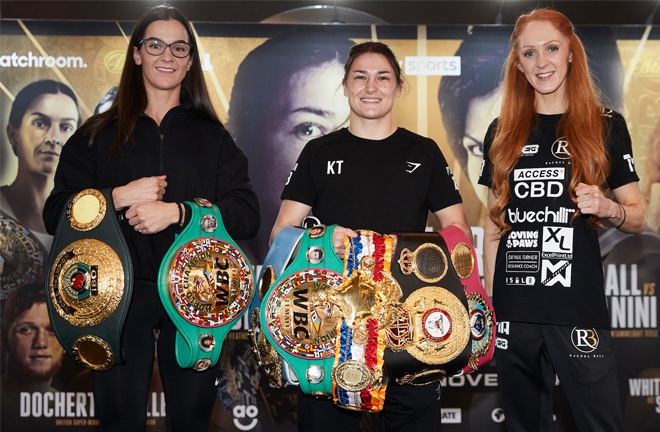 Katie Taylor alongside WBC Super Featherweight champion Terri Harper (L) & Rachel Ball (R) Photo Credit: Mark Robinson/Matchroom Boxing