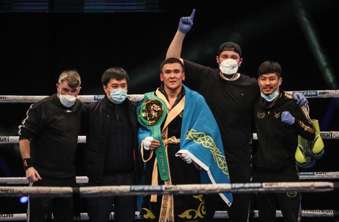 The Kazakh was crowned WBC international super welterweight champion in just his second bout Photo Credit: Scott Rawsthorne/MTK Global