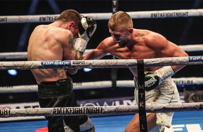 Billy Joe Saunders' charge Lewis Edmondson saw off Scott Williams Photo Credit: Scott Rawsthorne/MTK Global