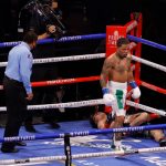 Santa Cruz was left out cold by Davis’ devastating uppercut before rising to his feet Photo Credit: Esther Lin/SHOWTIME