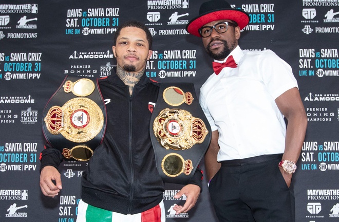 Davis alongside promoter Floyd Mayweather Jr following his stunning KO Photo Credit: Esther Lin/SHOWTIME