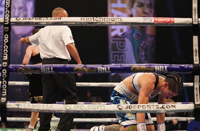 Taylor knocked down Gutierrez at the end of fourth round, following a barrage of punches Photo Credit: Dave Thompson/Matchroom Boxing