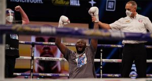 Martin Bakole could not contain his delight after beating Sergey Kuzmin Photo Credit: Dave Thompson/Matchroom Boxing