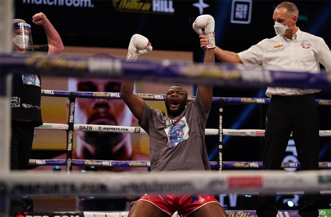 Martin Bakole could not contain his delight after beating Sergey Kuzmin Photo Credit: Dave Thompson/Matchroom Boxing