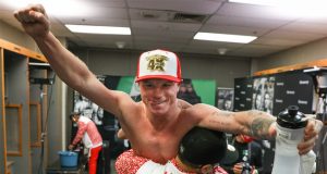 Canelo Alvarez celebrates after beating Callum Smith in Texas on Saturday night Photo Credit: Ed Mulholland/Matchroom Boxing