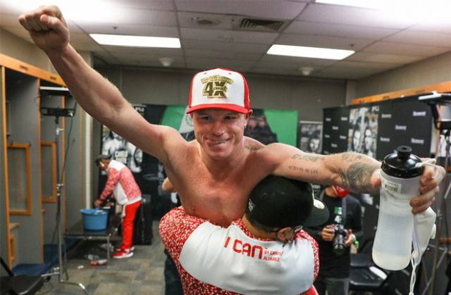 Canelo Alvarez celebrates after beating Callum Smith in Texas on Saturday night Photo Credit: Ed Mulholland/Matchroom Boxing