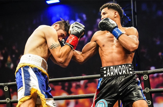 David Morrell Jr defended his WBA Interim Super Middleweight title with a dominant third round win over Mike Gavronski in Los Angeles on Saturday Photo Credit: Sean M Ham/TGB Promotions