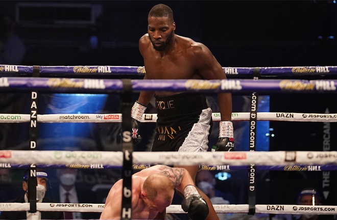 Lawrence Okolie was at his brutal best in taking out Nikodem Jezewski in two rounds Photo Credit: Dave Thompson/Matchroom Boxing