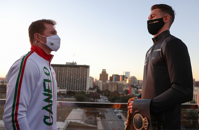 Smith towered over Canelo when the pair came face-to-face for the first time on Tuesday Photo Credit: Ed Mulholland/Matchroom Boxing