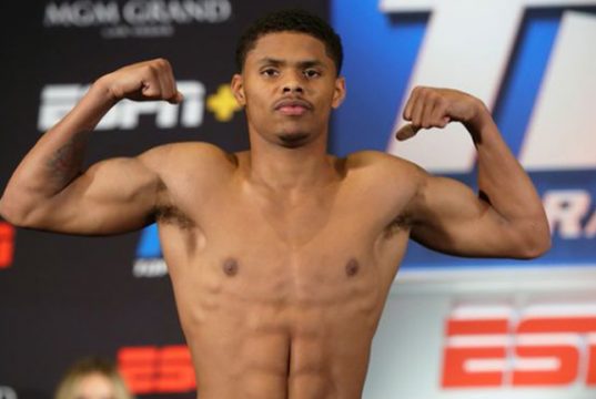 Shakur Stevenson clashes with Toka Kahn Clary in Las Vegas on Saturday night Photo Credit: Mikey Williams/Top Rank