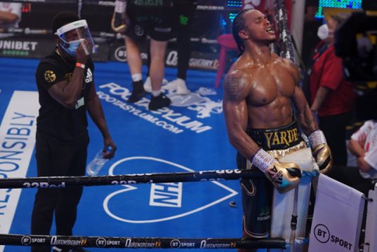 Yarde celebrates after halting Dec Spelman Photo Credit: Round 'N' Bout Media/Queensberry Promotions