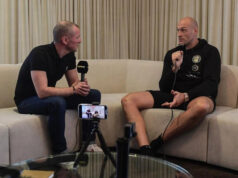 Catterall interviewing Tyson Fury on fight week ahead of his victory over Deontay Wilder in Las Vegas last February Photo Credit: Instagram: @adamcatterall
