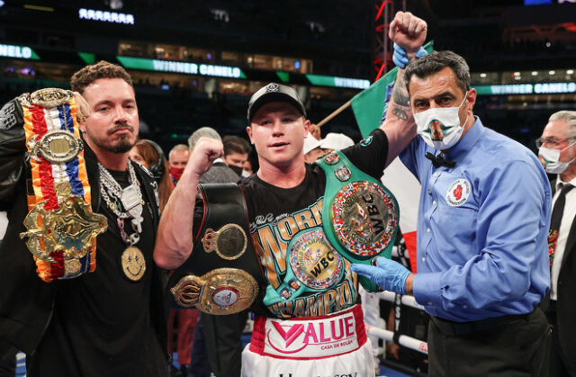 Canelo Alvarez comfortably retained his Super Middleweight world titles with a third round stoppage of Avni Yildirim in Miami on Saturday Photo Credit: Ed Mulholland/Matchroom