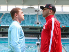Canelo Alvarez and Avni Yildirim came face-to-face on Monday ahead of their Super Middleweight world title clash in Miami on Saturday Photo Credit: Ed Mulholland/Matchroom
