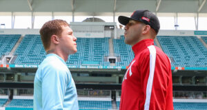 Canelo Alvarez and Avni Yildirim came face-to-face on Monday ahead of their Super Middleweight world title clash in Miami on Saturday Photo Credit: Ed Mulholland/Matchroom