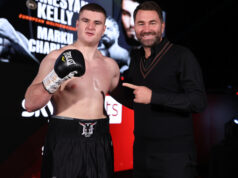 Johnny Fisher celebrates alongside promoter Eddie Hearn after securing a first professional win on Saturday Photo Credit: Mark Robinson/Matchroom Boxing