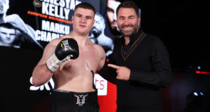 Johnny Fisher celebrates alongside promoter Eddie Hearn after securing a first professional win on Saturday Photo Credit: Mark Robinson/Matchroom Boxing